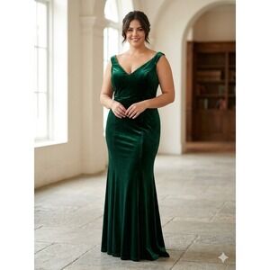 Belsoie Women's Fit Flare Maxi Dress Size 14 Green Velvet Formal Evening Mermaid